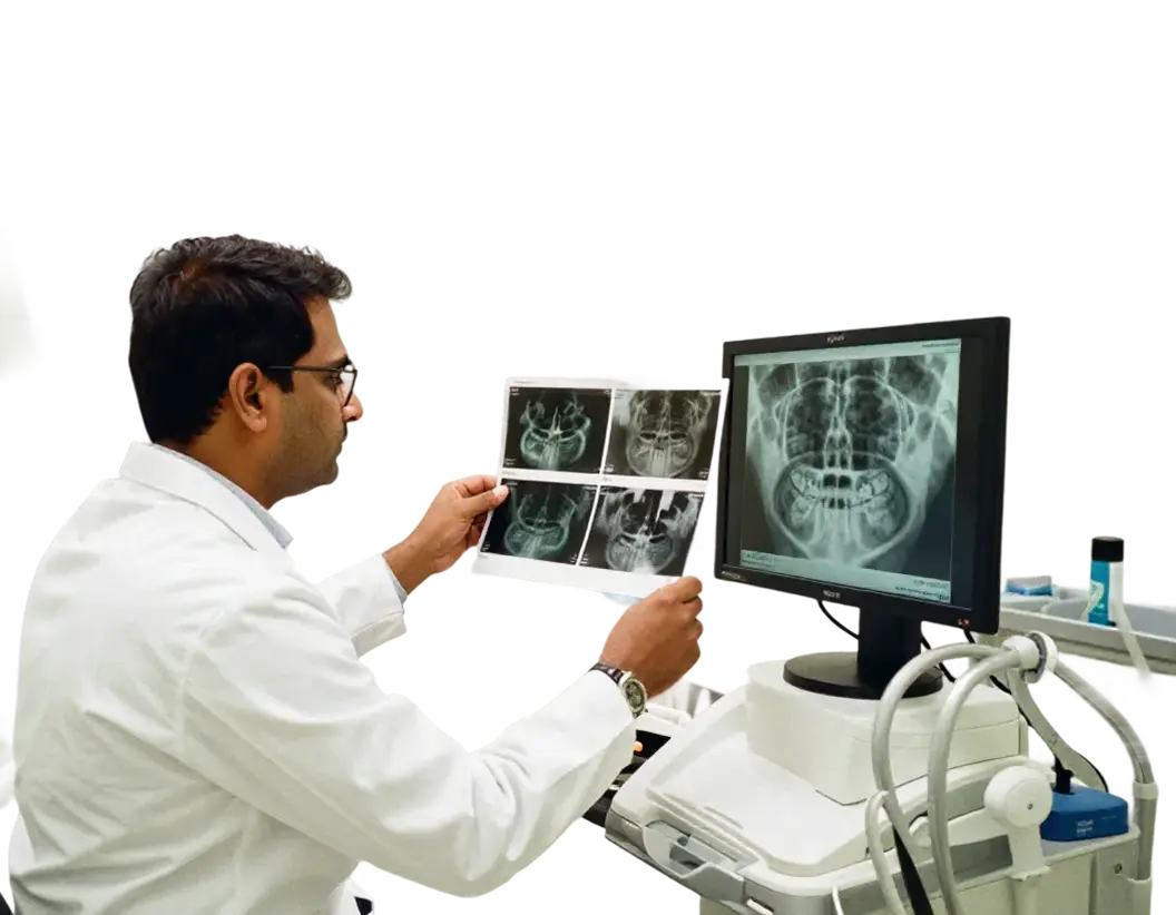 Dentist typing on laptop
